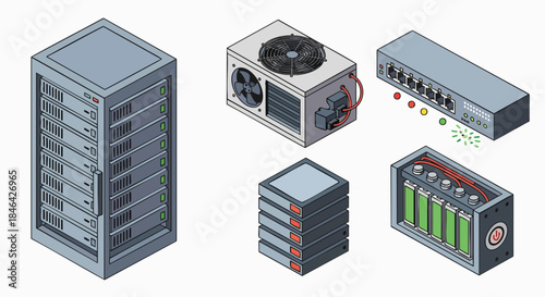 Isometric datacenter network infrastructure server components isolated white background server rack switch cooling UPS storage hardware technology