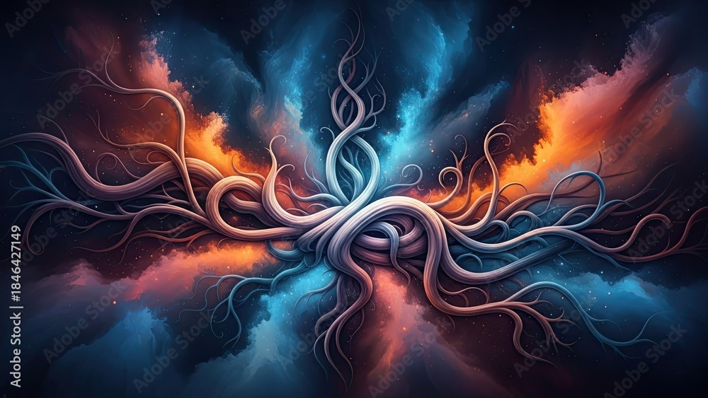 Obraz premium Abstract cosmic explosion with intertwining tendrils and vibrant colors in a surreal digital artwork