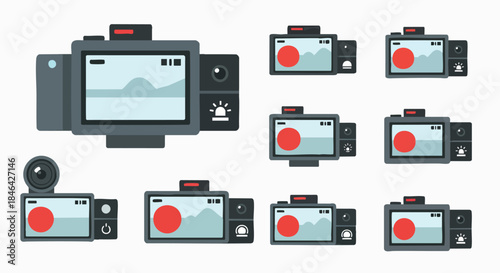 Digital action camera flat design collection vector icons photography video recording technology device