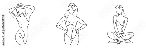 One Line Drawing Set of 3 Young Lady  One Line Art Drawing Poster Prints . Transparent background PNG image