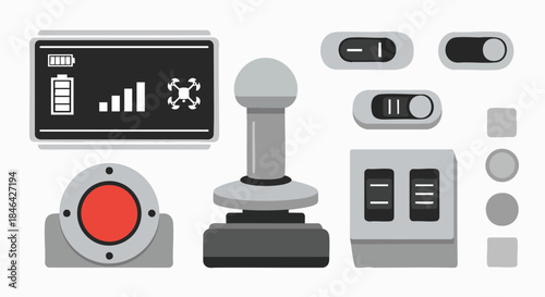 Modern remote control interface elements for drone applications Joystick Button Toggle Switch Display Battery Signal Drone UI UX