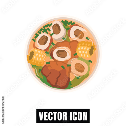A delicious bowl of savory stew featuring chicken, corn on the cob, and hard-boiled eggs Vector