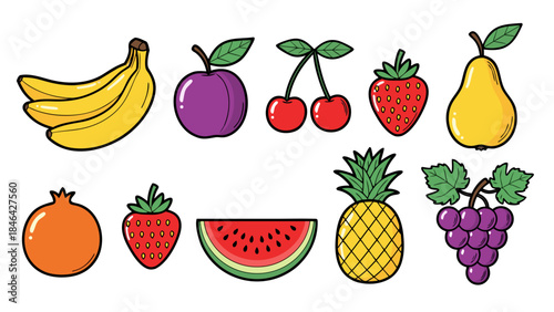 A vibrant collection of fresh, colorful fruits including bananas, plums, cherries, strawberries, pears, pomegranates, watermelon, pineapple, and grapes.