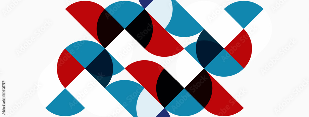 Fototapeta premium Abstract geometric pattern. Overlapping circles create dynamic composition. Red, blue, gray hues dominate white background. Modern design element.
