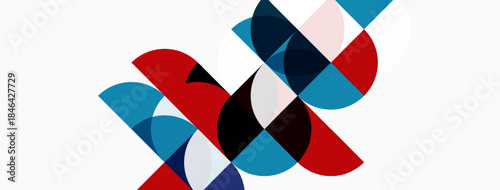 Abstract geometric composition. Overlapping circles, squares create dynamic visual effect. Red, blue, gray tones dominate design. Minimalist style.