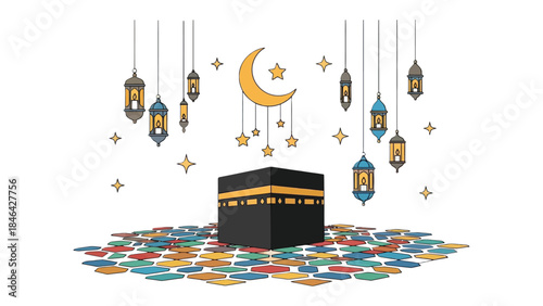 Sacred Reflection: A stylized representation of the Kaaba, the holiest site in Islam, adorned with crescent moon, stars, and lanterns. A spiritual ambiance.