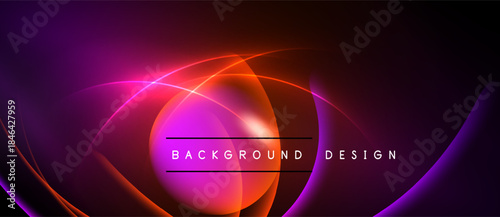Abstract vibrant design features flowing curves, bright colors. Text reads background design centered within glowing shapes. Dramatic lighting creates depth.