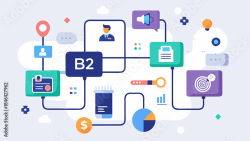 Flat design concept of B2B marketing strategy with digital elements, data analytics, communication tools and technology icons