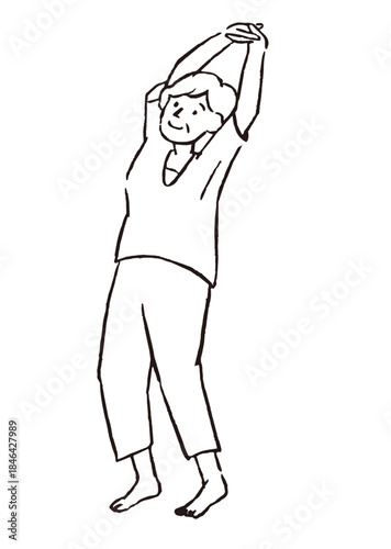 ストレッチをするシニア女性＿線画イラスト