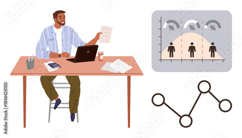 Professional analyzing documents at desk with laptop, visuals of histogram, percentages, and chart. Ideal for analysis, management, innovation, growth strategy, business insights decision-making