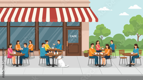 Outdoor Cafe Terrace Illustration; People Drinking Coffee and Chatting at Tables; Restaurant Facade with Striped Awning; Flat Vector Scene; Summer Day Relaxation; City Life.