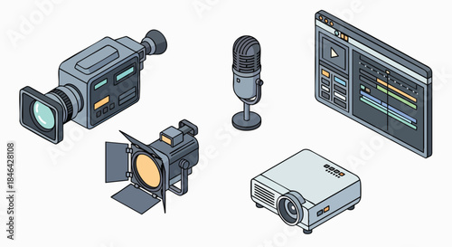 Isometric video production studio equipment and editing tools camera microphone spotlight projector interface film maker