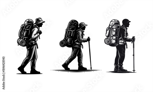 Three hikers with backpacks and walking sticks on a white background.