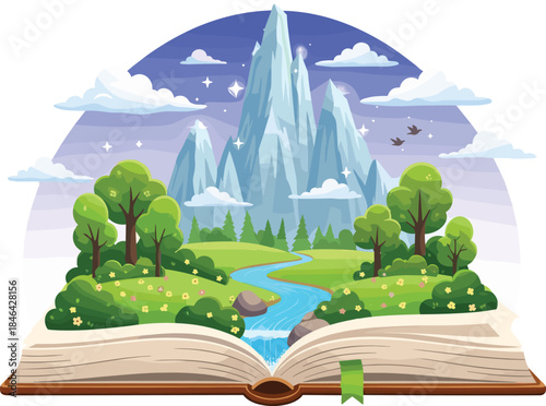 Open Book Showing a Magical Fantasy World with Giant Crystal Mountains, Green Forest, River, and a Night Sky, Symbolizing Storytelling, Imagination, and Adventure.