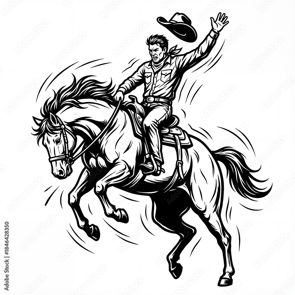 Obraz premium Cowboy rides a bucking horse during a rodeo event in the arena