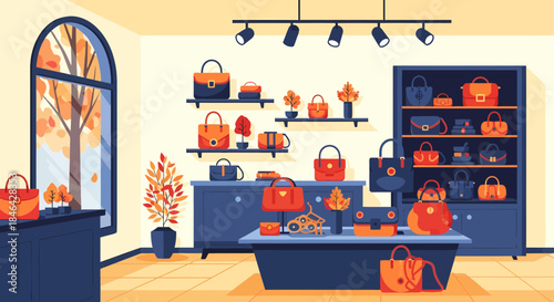 Elegant Boutique Displaying Handbags And Autumnal Decor With Window View
