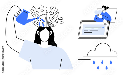 Mental health concept. Mental health through personal growth, self-care practices, and emotional well-being. Mental health prioritization for therapy, mindfulness, education, wellness. Broad usage
