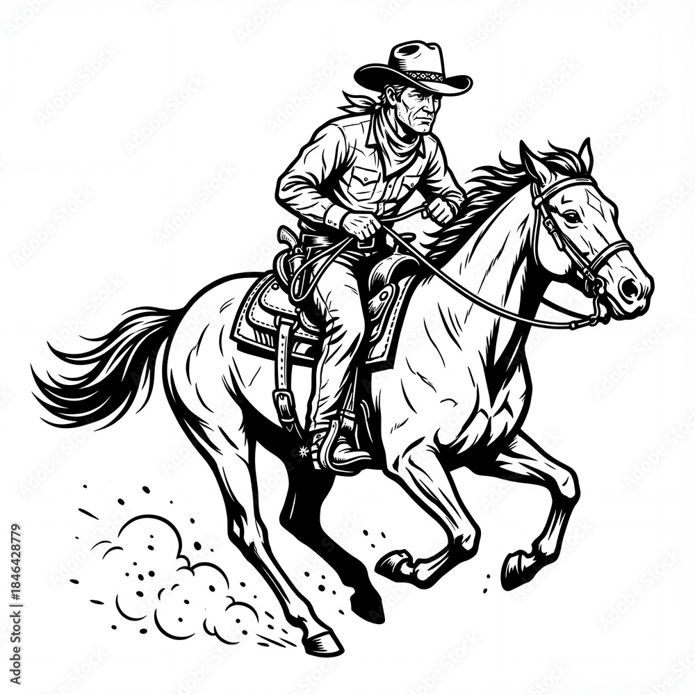 Fototapeta premium Cowboy rides horse across open land while holding reins