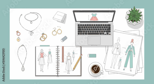 Fashion Designer Workspace With Digital Tools And Sketchbook Mockup