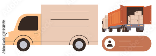 Delivery truck carrying cargo boxes, open truck with packed boxes, and user profile icon. Ideal for freight, logistics, shipping, ecommerce, supply chain delivery service transport. Simple flat