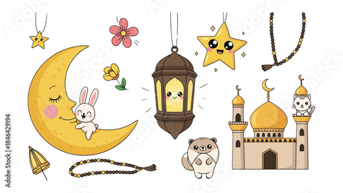 Celebratory Muslim Icons:A vibrant collection of Islamic symbols and cheerful character for religious holiday, a scene of cultural elements, perfect for celebrating joy and blessings. 