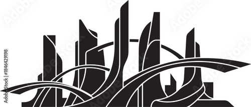 Abstract futuristic city silhouette vector art design cityscape graphic element black white urban