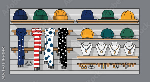 Fashionable Accessories Arranged Neatly On Display Shelves In A Store