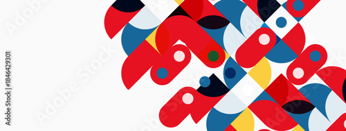 Abstract geometric shapes overlap, creating vibrant composition. Red, blue, yellow dominate white background. Modern design elements present.