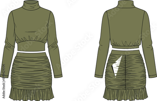 Fashion illustration vector, olive green crop top, ruched mini skirt outfit, front and back view, stylish apparel design, modern clothing concept, trendy garment silhouette