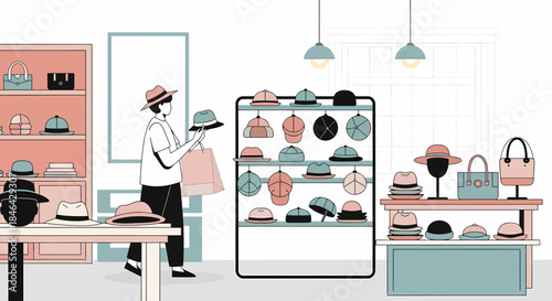 Fashionable Hat Boutique With Shopper Selecting A Stylish Accessory