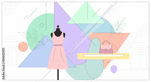 Fashionable Outfit Displayed Among Pastel Geometric Shapes Illustration