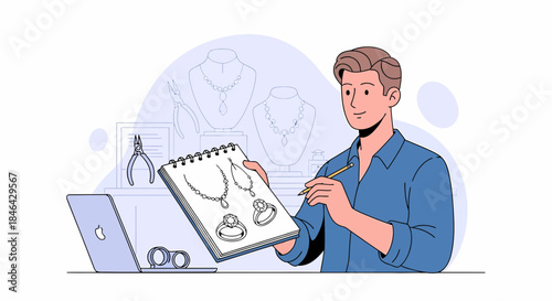 Jeweler Creating New Designs On His Desk With A Laptop