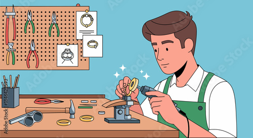 Jeweler Making Ring At Workbench In Atelier Cartoon Illustration