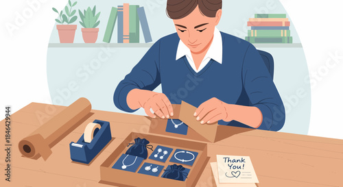 Small Business Owner Preparing Jewelry Order For Shipment At Home