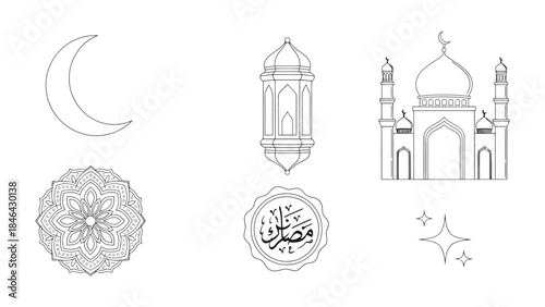 Islamic themed element illustration: A collection of meticulously crafted, elegant line art illustrations, capturing the essence of Islamic symbols.