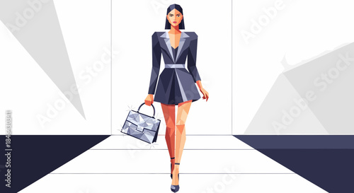 Stylish Woman In Blazer Dress Walking Down Fashion Runway