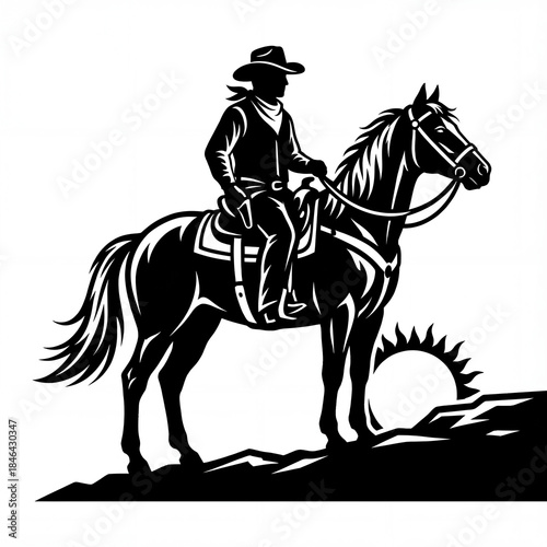 Cowboy on horse at sunset with mountains in the background