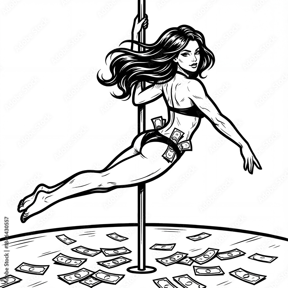 Fototapeta premium Woman performs dance on pole with money on the floor