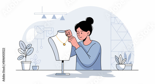 Woman Adjusting Necklace On A Mannequin In Her Jewelry Studio
