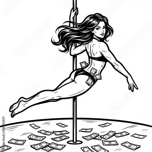 Woman performs dance on pole with money on the floor