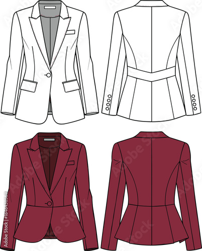 Fashion illustration, tailored women’s blazer vector, front and back view, burgundy color garment design, apparel construction, clothing template, professional jacket sketch