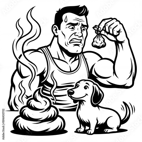 Man looks at dog while holding bag with waste