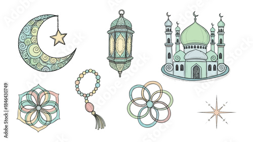 Moon and Mosque:  A collection of religious symbols, including a crescent moon with a hanging star, a traditional lantern, and a detailed mosque, beautifully illustrate faith and culture.