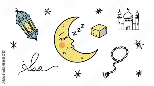 Ramadan Illustration: A gentle crescent moon smiles under starry skies, evoking peace and reflection during Ramadan, accompanied by mosque, prayer beads and lamp.
