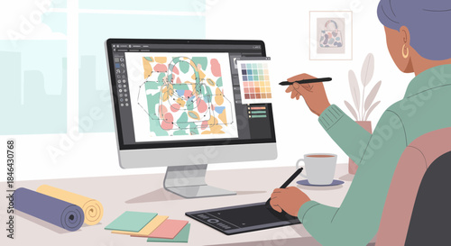 Woman Using A Digital Tablet Creating Design Concept For Handbag