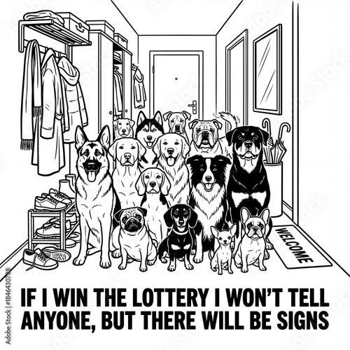 Group of dogs in a hallway with a humorous lottery sign