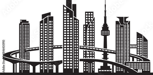 Seoul Korea skyline silhouette with modern skyscrapers and cable car lines