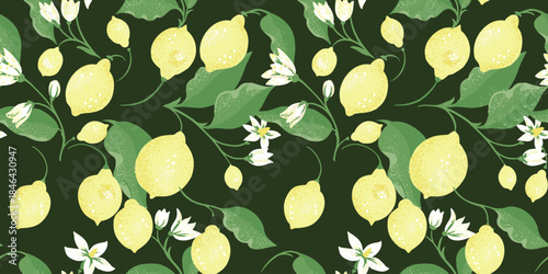 Seamless vector pattern with soft yellow lemons, lush layered green leaves, and delicate white blossoms on a deep green background. Fresh, elegant citrus design for textiles and packaging