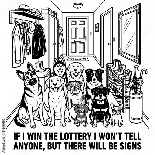 Dogs stand in hallway with decorations and shoe rack