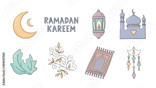 Ramadan Kareem Elements: A collection of illustrative elements representing the essence of Ramadan, including a crescent moon, traditional lantern, mosque, prayer mat, and decorative accents.